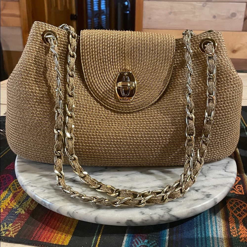 Eric Javits New York Raffia/Gold Chain Kisslock Shopper Bag